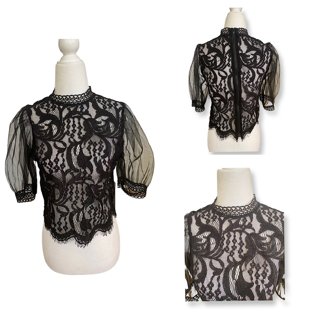 Haute Monde Black Lace Balloon 3/4 Sleeve Blouse.  Size: Small. New With Tag